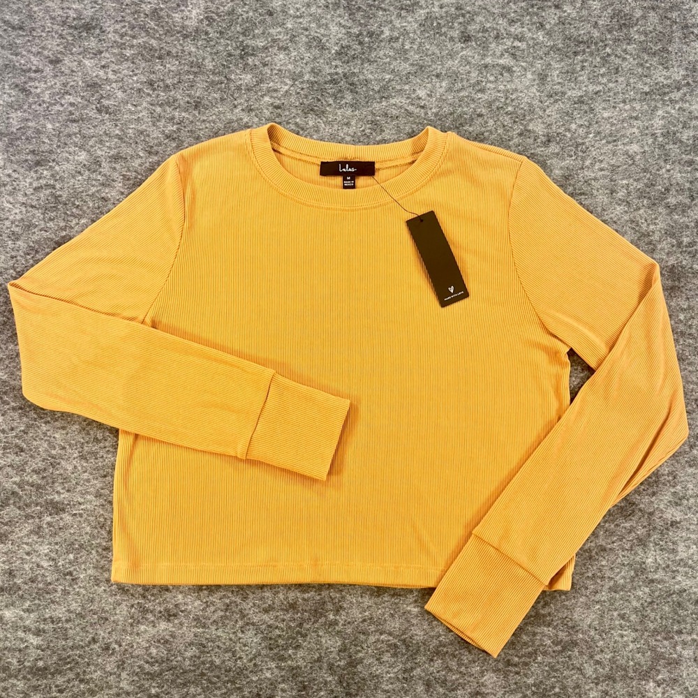 Lulus Ribbed Long Sleeve Crop Top Women M Mustard Yellow Crew Neck